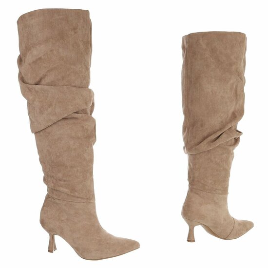 Kaki suede overkneelaarzen met plooischacht en naaldhak-Laurana