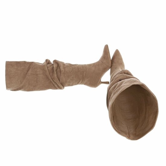 Kaki suede overkneelaarzen met plooischacht en naaldhak-Laurana