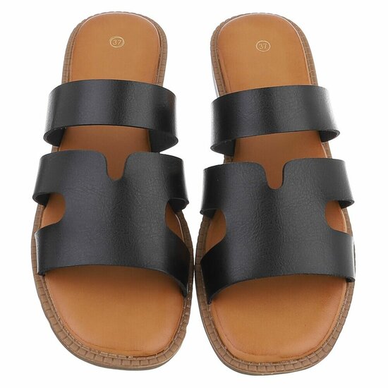 Zwarte dames slippers met dubbele band en comfortabel voetbed-Harva   PROMO