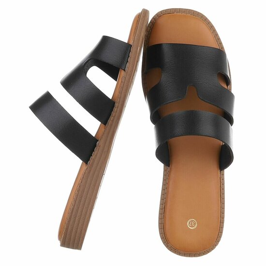 Zwarte dames slippers met dubbele band en comfortabel voetbed-Harva   PROMO