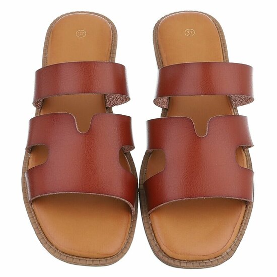 Bruine dames slippers met dubbele band en comfortabel voetbed-Harva   PROMO