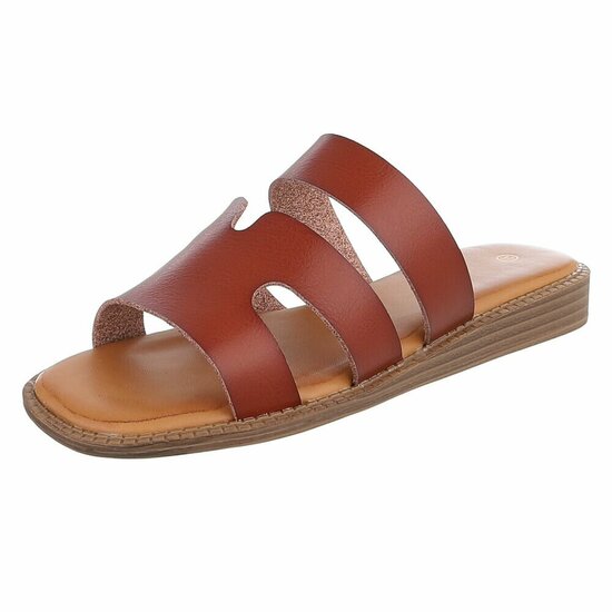 Bruine dames slippers met dubbele band en comfortabel voetbed-Harva   PROMO