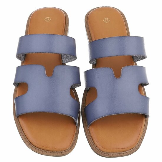 Blauwe dames slippers met dubbele band en comfortabel voetbed-Harva   PROMO