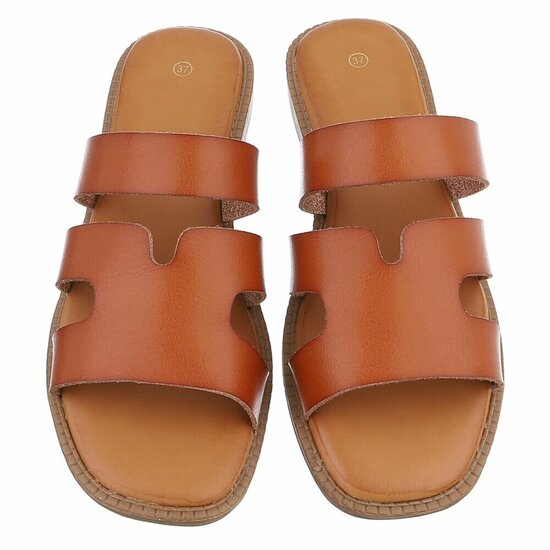 Camel dames slippers met dubbele band en comfortabel voetbed-Harva   PROMO