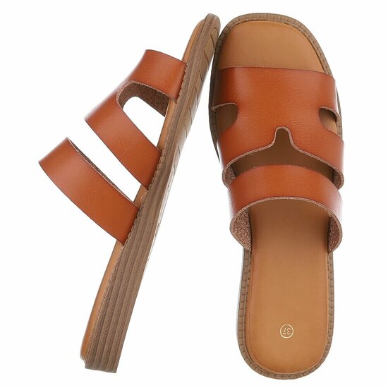 Camel dames slippers met dubbele band en comfortabel voetbed-Harva   PROMO