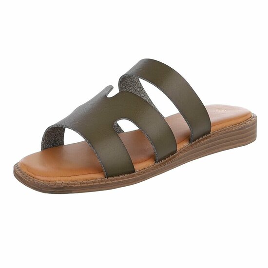 Kaki dames slippers met dubbele band en comfortabel voetbed-Harva   PROMO