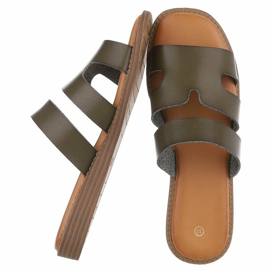 Kaki dames slippers met dubbele band en comfortabel voetbed-Harva   PROMO