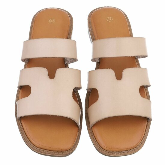 Beige dames slippers met dubbele band en comfortabel voetbed-Harva   PROMO