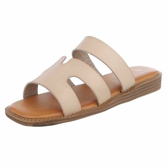 Beige dames slippers met dubbele band en comfortabel voetbed-Harva   PROMO