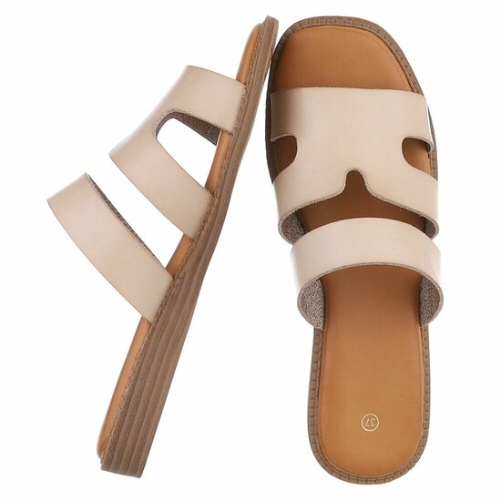 Beige dames slippers met dubbele band en comfortabel voetbed-Harva   PROMO