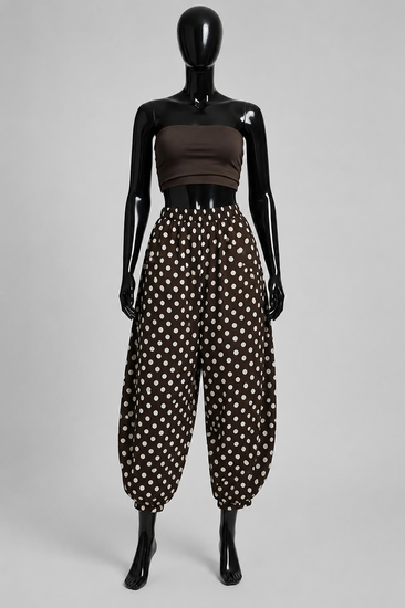 Pantalon sarouel marron à pois beiges