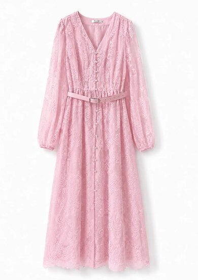 Elegante lange kanten jurk met ceintuur – roze