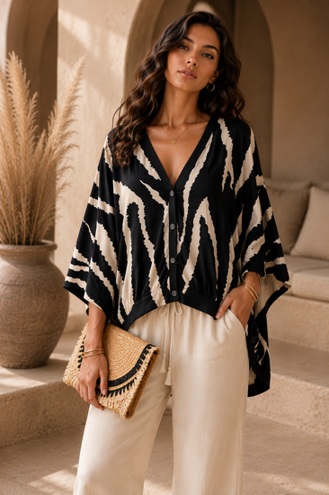 Satijnen gilet met zebraprint – zwart/beige
