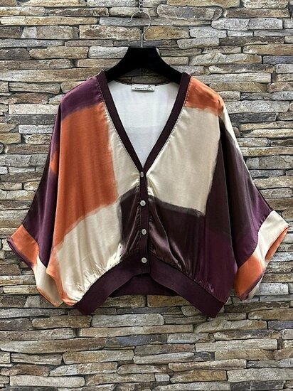 Satijnen gilet met colorblock print- bordeaux-oranje-crème