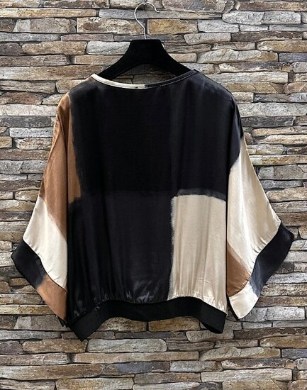 Satijnen gilet met colorblock print- zwart-bruin-beige
