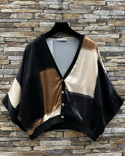 Satijnen gilet met colorblock print- zwart-bruin-beige
