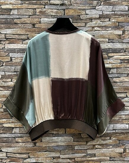 Satijnen gilet met colorblock print- bruin-groen-beige