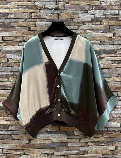 Satijnen gilet met colorblock print- bruin-groen-beige