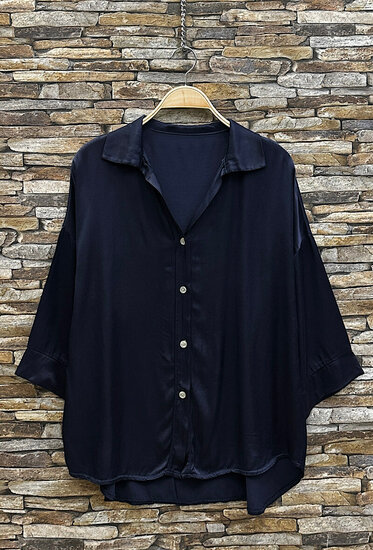 Satijnen hemdblouse-donkerblauw