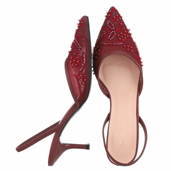 Escarpins slingback bordeaux à perles et fleurs-Wendy