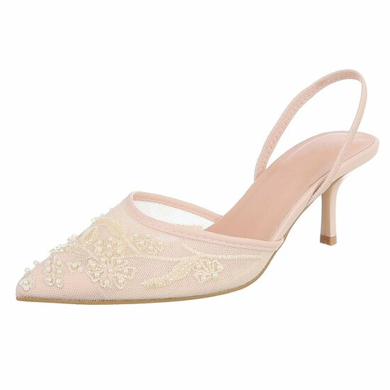 Escarpins slingback beiges à perles et fleurs-Wendy
