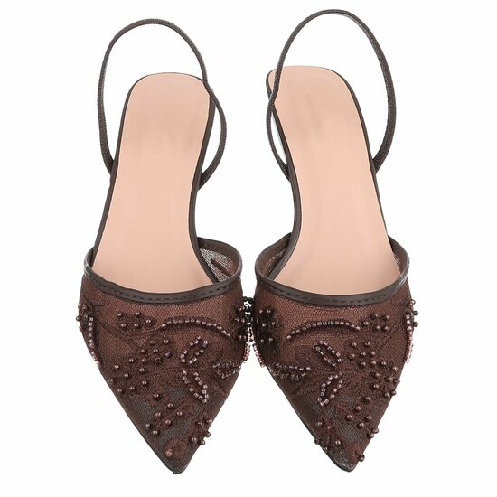 Escarpins slingback marron à perles et fleurs-Wendy