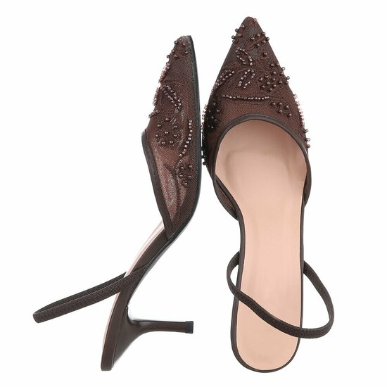 Escarpins slingback marron à perles et fleurs-Wendy