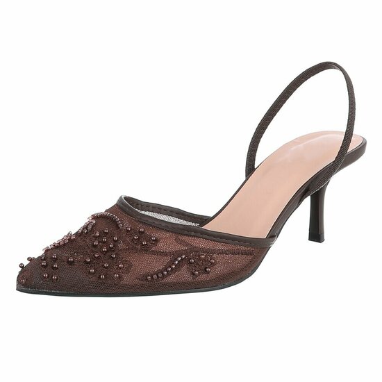 Escarpins slingback marron à perles et fleurs-Wendy