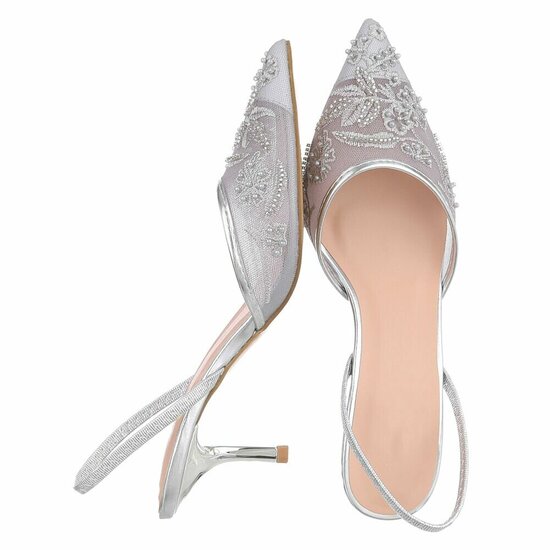 Escarpins slingback argent à perles et fleurs-Wendy