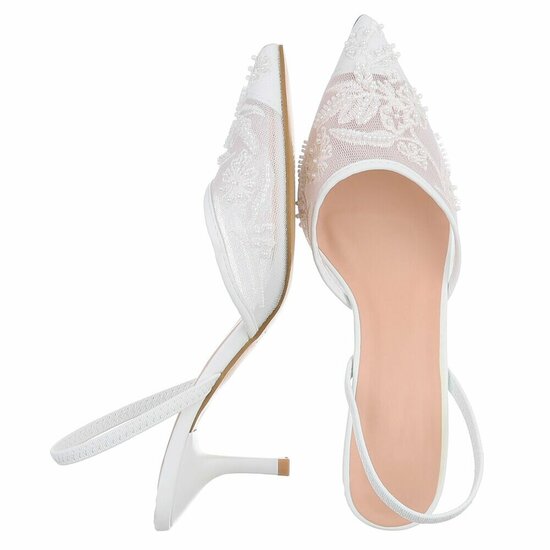 Escarpins slingback blanc à perles et fleurs-Wendy