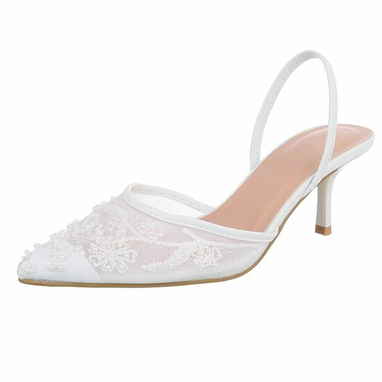 Escarpins slingback blanc à perles et fleurs-Wendy