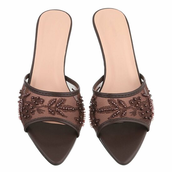 Bruine mules met parels en bloemen-Benthe