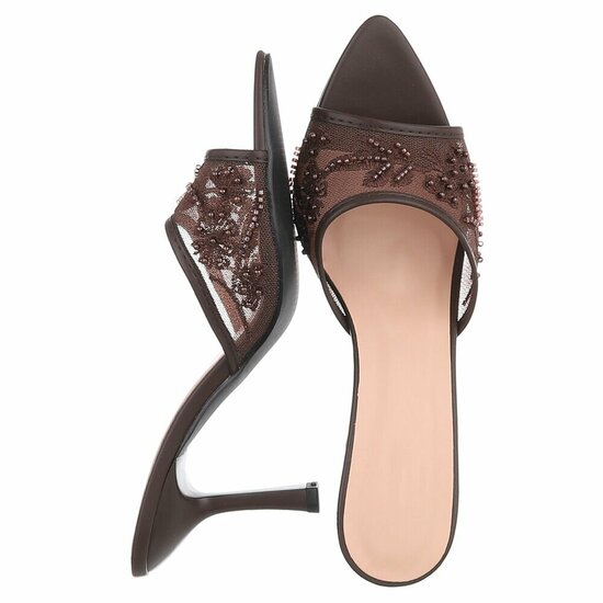 Bruine mules met parels en bloemen-Benthe