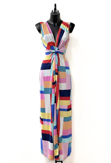 Mouwloze maxi jurk met abstracte rode kleuren mix  SOLD OUT