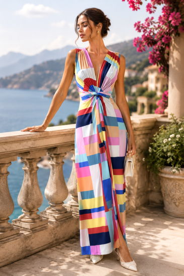 Mouwloze maxi jurk met abstracte rode kleuren mix  SOLD OUT