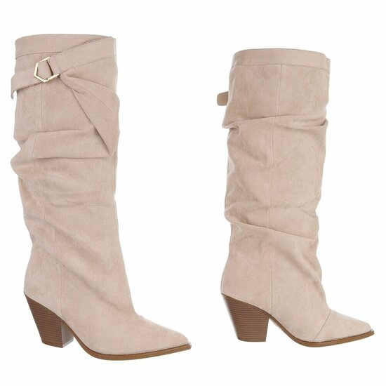 Beige knielaarzen in suède met siergesp-Alisson