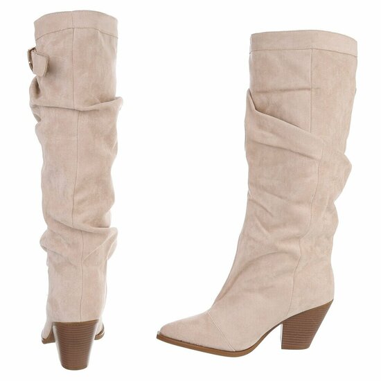 Beige knielaarzen in suède met siergesp-Alisson