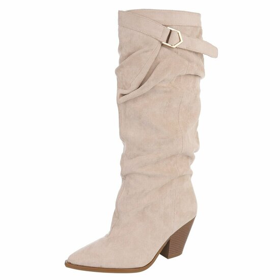 Beige knielaarzen in suède met siergesp-Alisson