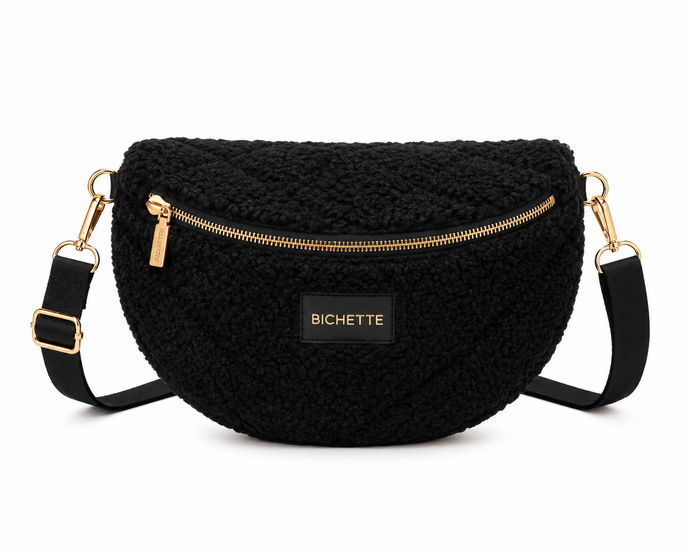 Zwarte teddy crossbody tas met gouden details