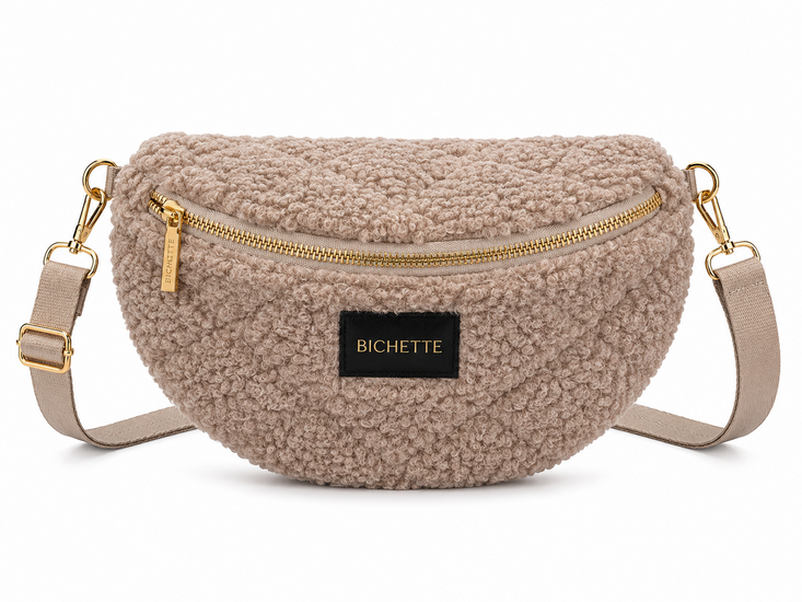 Taupe teddy crossbody tas met gouden details