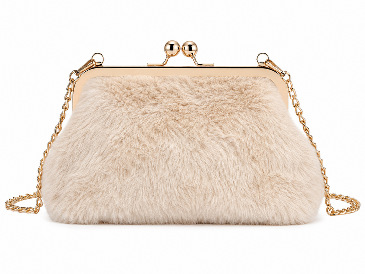 Beige faux fur schoudertas met gouden ketting