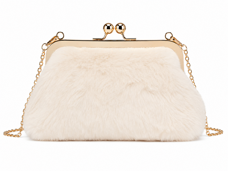Cream faux fur schoudertas met gouden ketting