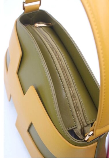 Luxe two-tone handtas in kaki-mosterdgeel met geometrisch design – premium kwaliteit