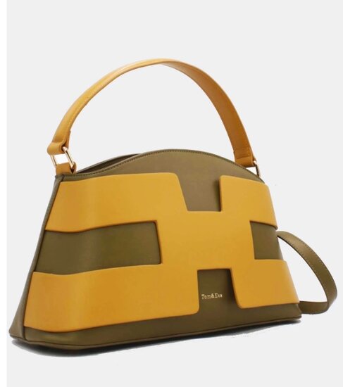 Luxe two-tone handtas in kaki-mosterdgeel met geometrisch design – premium kwaliteit