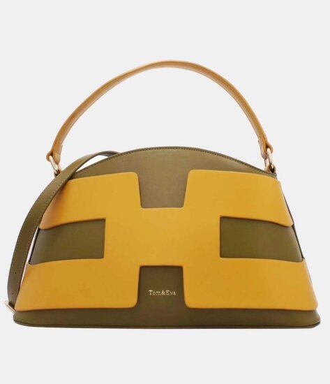 Luxe two-tone handtas in kaki-mosterdgeel met geometrisch design – premium kwaliteit