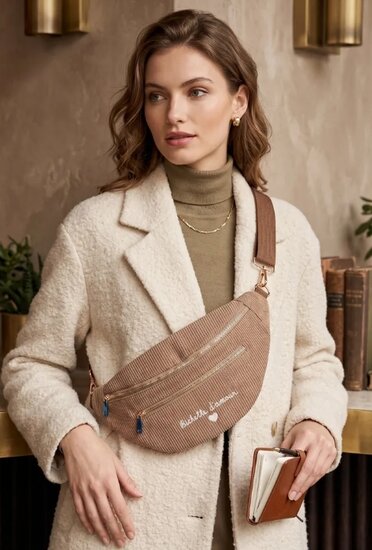 Taupe ribstof crossbody heuptas