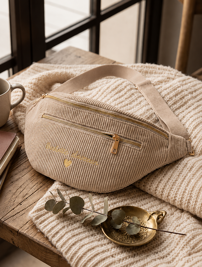 Beige ribstof crossbody heuptas