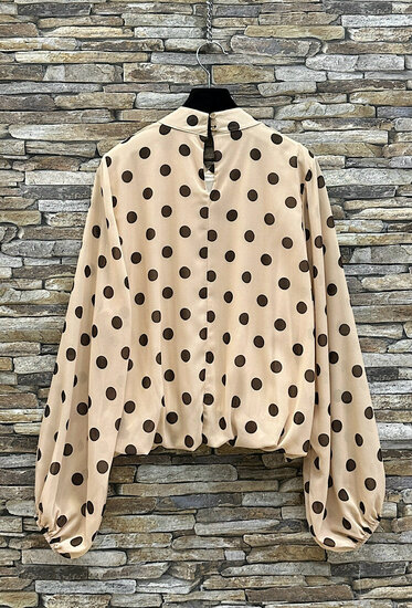 Elegante beige blouse met bruine stippen en volumineuze mouwen