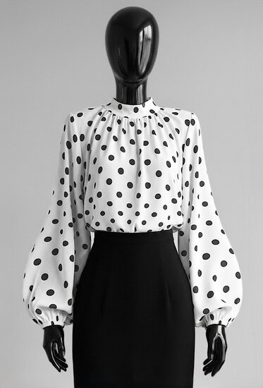 Elegante witte blouse met zwarte stippen en volumineuze mouwen