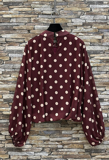 Elegante bordeaux blouse met beige stippen en volumineuze mouwen
